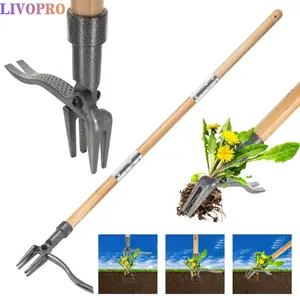 Standing Weed Removal Tool with 4-Prong Steel Head, Long Handle, Manual Grass Puller for Gardens, Lawns, Outdoor Use, No Bending/kneeling
