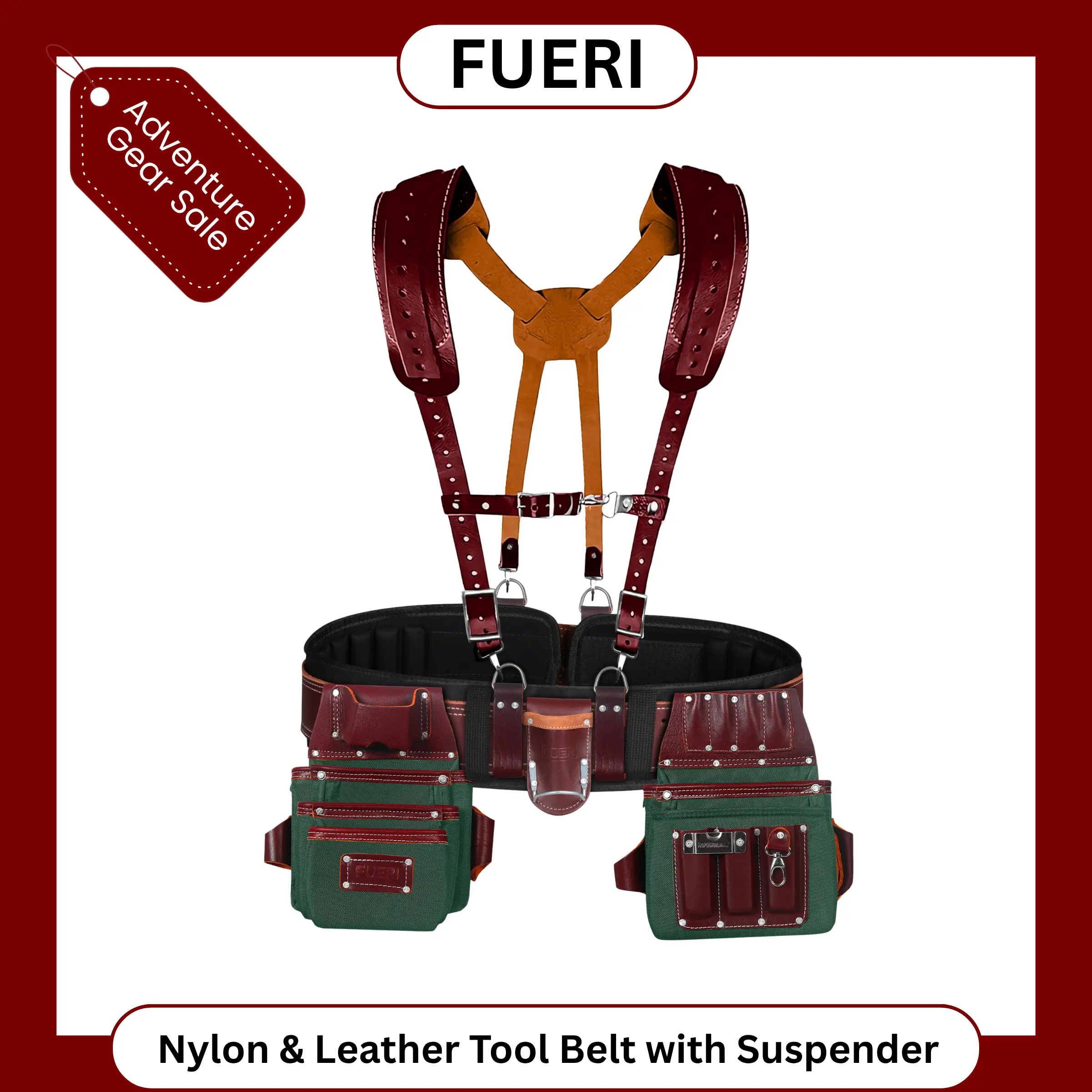 FUERI Heavy Duty Tool Belt for Men 26 Pockets Green & Maroon Nylon Leather Organizer Carpenter Construction Electrician Framing Belt Bag Pouch