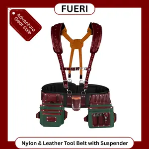 FUERI Heavy Duty Tool Belt for Men 26 Pockets Green & Maroon Nylon Leather Organizer Carpenter Construction Electrician Framing Belt Bag Pouch