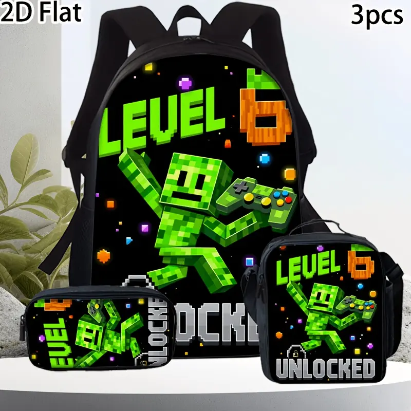 3pcs Women'S Bag Set Featuring a 2D Stylish Printed Backpack Collection. This Pixel-Style Trendy Backpack Set Is Unisex And Includes Three Fashionable Items. It Showcases a Vibrant Green Block Character Design Holding a Game Controller
