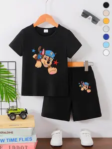 Summer Boys' T-Shirt Short Sleeve + Loose Shorts Set, Clothes Kids, Archie Cartoon Print, Blue Police Hat, Casual Comfortable, Ideal Gift