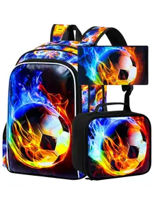 3Pcs Cool Fire Soccer Backpack Set for Boys - Flame Print School Bag with Lunch Bag & Pencil Pouch - Perfect for Kids Soccer Fans & School Days School Backpacks