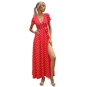 Women's Summer Polka Dot Wrap Maxi Dress with Waist Cinch, Short Sleeves & Side Slit Red L