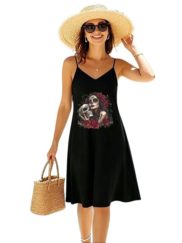 Women's Gothic Sugar Skull Graphic A-Type Sleeveless Casual Midi Dress - Pull-On, Rose Floral Print, Smooth Light Knit Polyester Blend Elastane Fabric, Built-In Strong Elastic, Breathable, Lady-Fit, V-Neck, Sleeveless Shirt, Business & Beach Wear