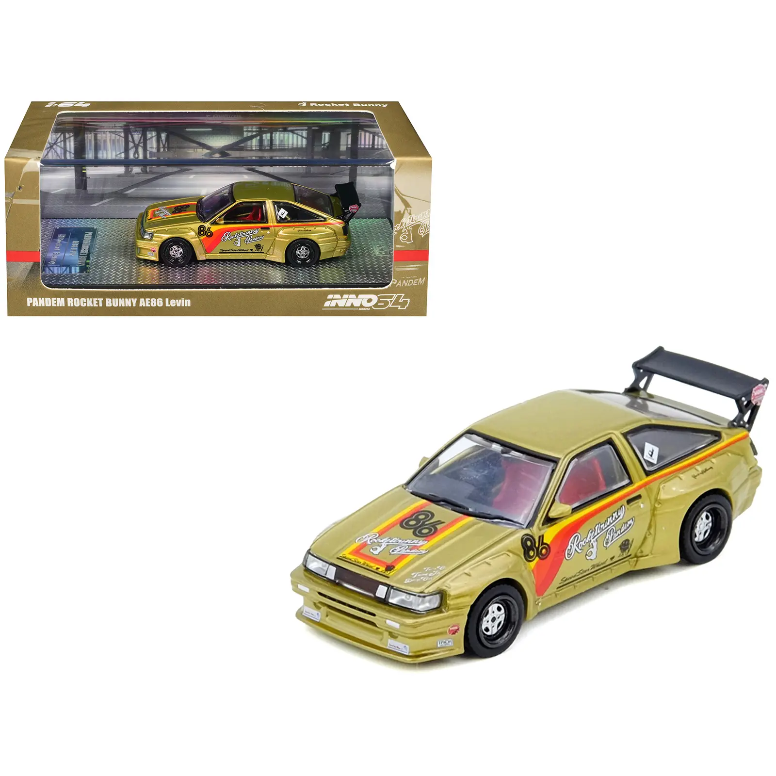 Toyota Levin (AE86) RHD #86 "Pandem Rocket Bunny" Gold Metallic with Stripes 1/64 Diecast Model Car by Inno Models