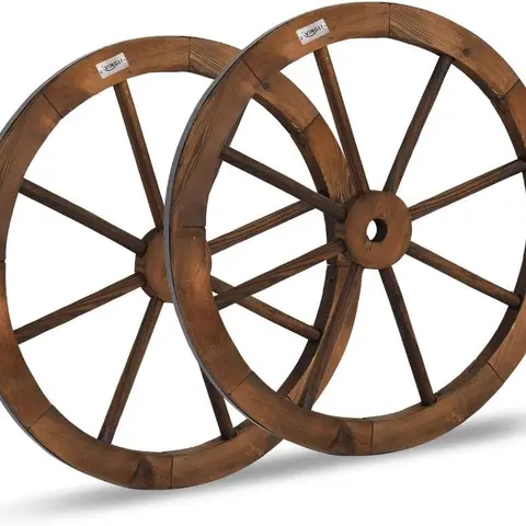VINGLI 24-in Diameter Durable Vintage Old Western Style Decorative Wooden Wagon Wheels (Set of 2), Carbonized Solid Fir Wood Hangable Wall Decor, Unique Garden & Bedroom Decor, Easy Wipe Clean for Patios