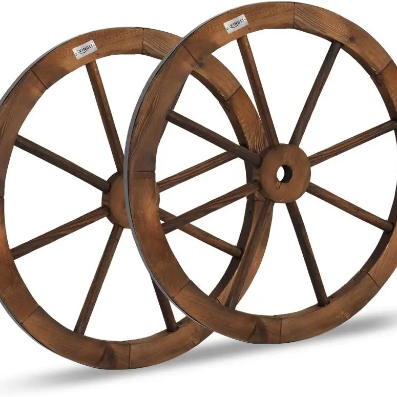 VINGLI 24-in Diameter Durable Vintage Old Western Style Decorative Wooden Wagon Wheels (Set of 2), Carbonized Solid Fir Wood Hangable Wall Decor, Unique Garden & Bedroom Decor, Easy Wipe Clean for Patios