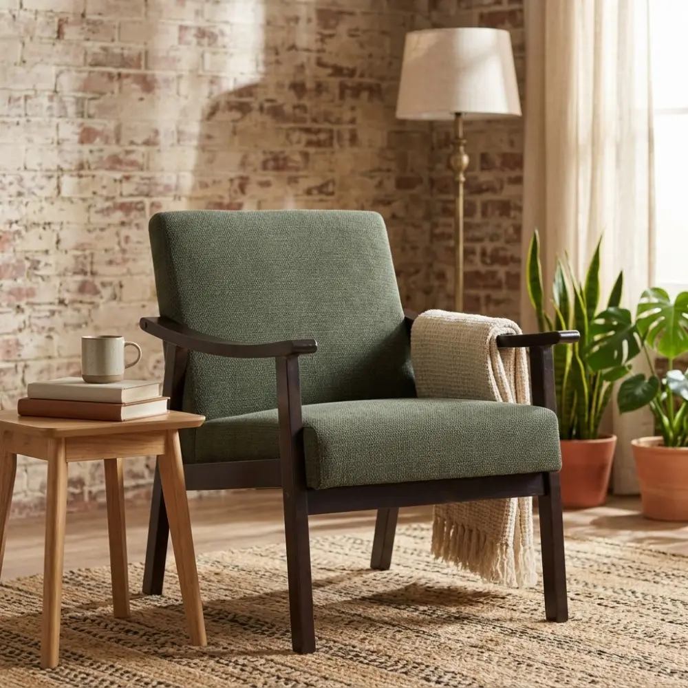 Littleox Medieval-inspired modern armchair with high back (Antique Green) upholstered chair, solid wood legs, leisure reading chair suitable for living room or bedroom.