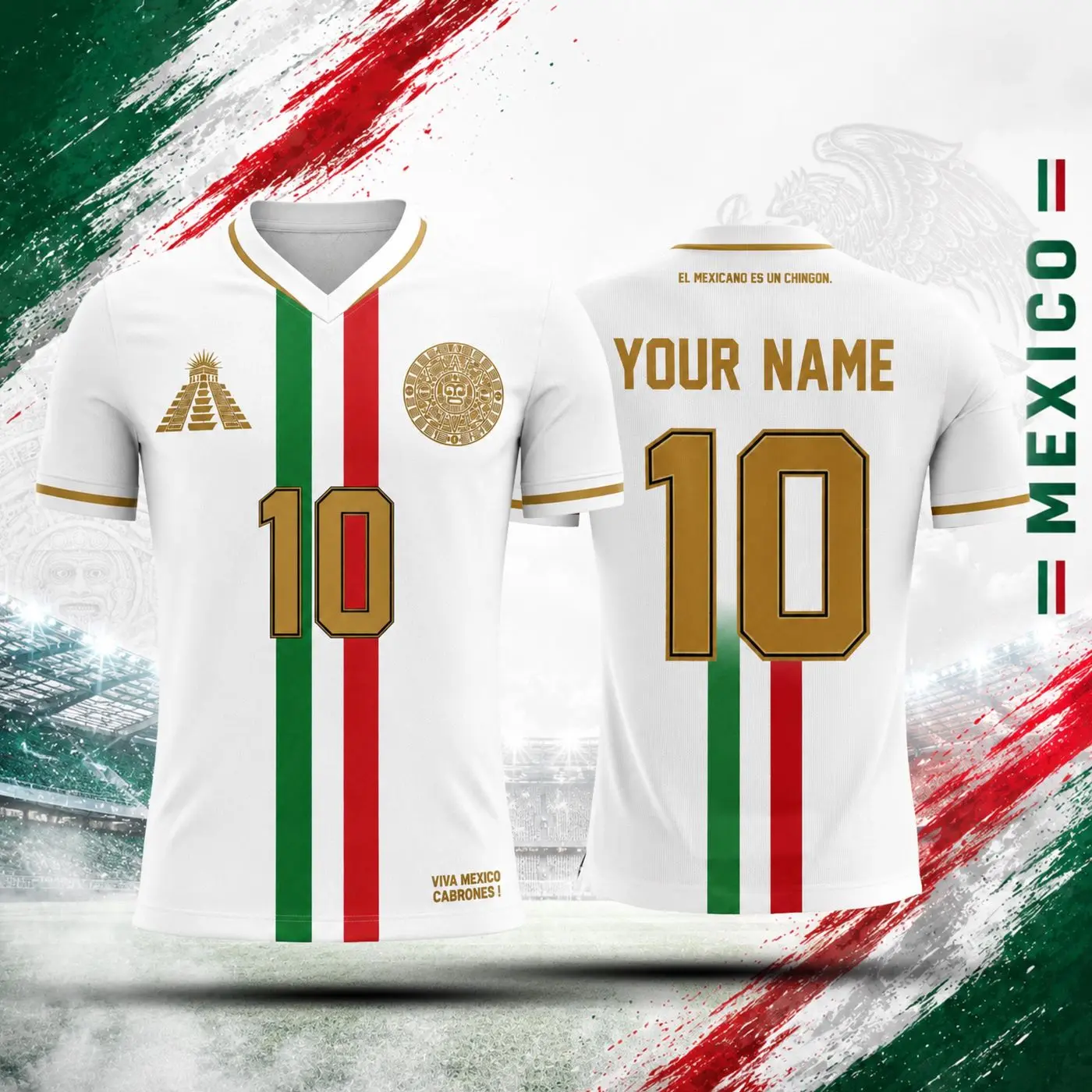 White Mexico Soccer Jersey | Custom Name & Number | Personalized Football Shirt | Gold Mexico Fan Jersey | Mexican Heritage Futbol Gift