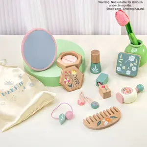 Wooden Makeup Toy Set for Girls, Pretend Play Kids Vanity Makeup Kit with Mirror, Lipstick, Eyeshadow, Nail Polish, Perfume, Comb, Hair Clip & Storage Bag