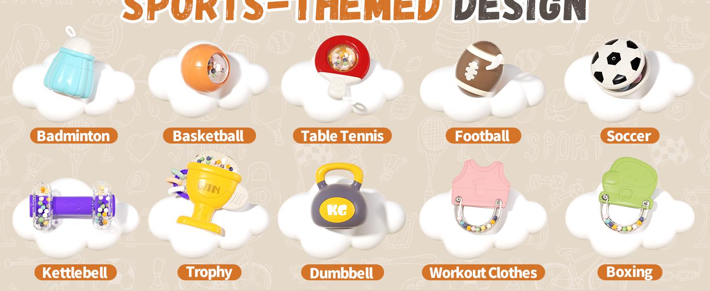 11-Piece Sports Baby Rattles & Teether Toys with Soft Gym Bag, Infant Sensory Grasping Shakers, Early Development Set for Newborns 0-6 6-12 Months