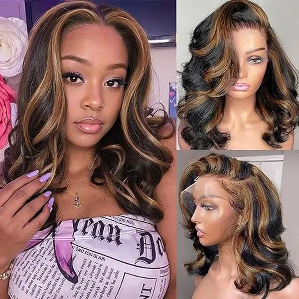 AFRIBYE Human Hair Short  Wig for Women, 14 Inch Honey Brown Ombre Body Wave, Pre-Plucked 13x6 HD transparent Lace Front Virgin Hair, 180% Density with Bleached Knots, Wigs Human Hair, Human Hair Wigs