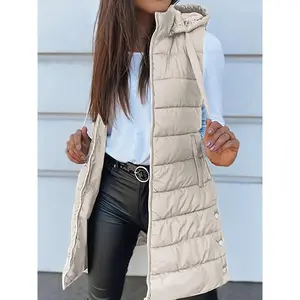 Women’s elegant hooded puffer vest, 100% polyester warm thickened jacket, solid color all-season coat, lightweight 1 g/m² fabric, woven construction, adult outerwear