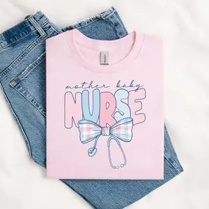 [100% Cotton] Mother Baby Nurse T-Shirt, Cute Mother Baby Nurse Coquette Bow Graphic Tee, Aesthetic Nurse Shirt, Feminine Healthcare Tee, Nurse Life Outfit, Trendy Pastel Graphic Tee, Nurse Gift For Women Mom Baby Nurse.