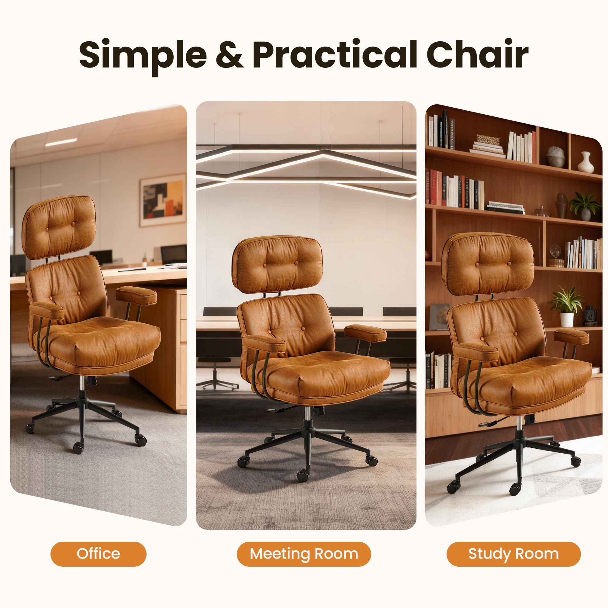 OOSWIFT Ergonomic Home Office Chair, Mid-Century Modern Faux Leather Chairs with Thickened Cushions, Comfy High Back Swivel Rolling Executive Computer Armchair