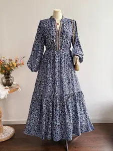 Rusttydustty Plus Size Women's Holiday Style Printed Ribbon Patchwork Flowy A-Line Long Sleeve Dress, Elegant Party Wear