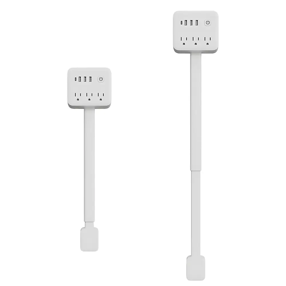 White Outlet Splitter Expander - 180° Rotatable, Adjustable Length, Security-Upgraded, Wall Plug Extender for Behind Couch, Night Stand, Home Power Access Expansion
