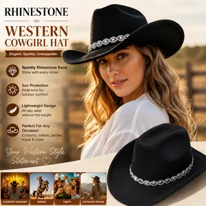 Rhinestone Western Cowgirl Hat,elegant Wide Brim Fedora Cowboy Hat With Sparkly Diamond Band,lightweight Sun Protection Hat For Country Concert,rodeo,party Outdoor Travel Fashion Accessory