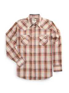 Men's Ely Cattleman Long Sleeve Textured Plaid Western Snap Shirt- Rust & Blue, Sawtooth Flap Pockets, Poly/Cotton, Western Yokes