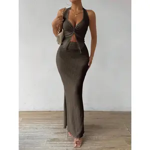 Women's 2 Piece Outfits Holiday Twist Front Split Halter Crop Top and Bodycon Maxi Skirt Set