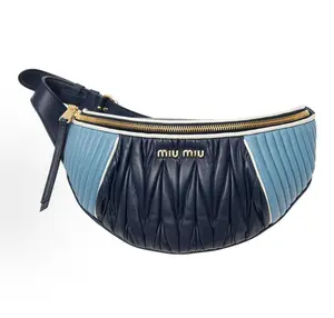Pre-owned miumiu MIU MIU Metal Logo Embossed Lambskin Belt Bag Adjustable Strap Zipper Women Light Blue