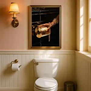 Luxury Bathroom Wall Art – Black Gold Fashion Print, Maximalist Decor, Chicer, Dopamine Afro Toilet Postcentric Bathroom Art