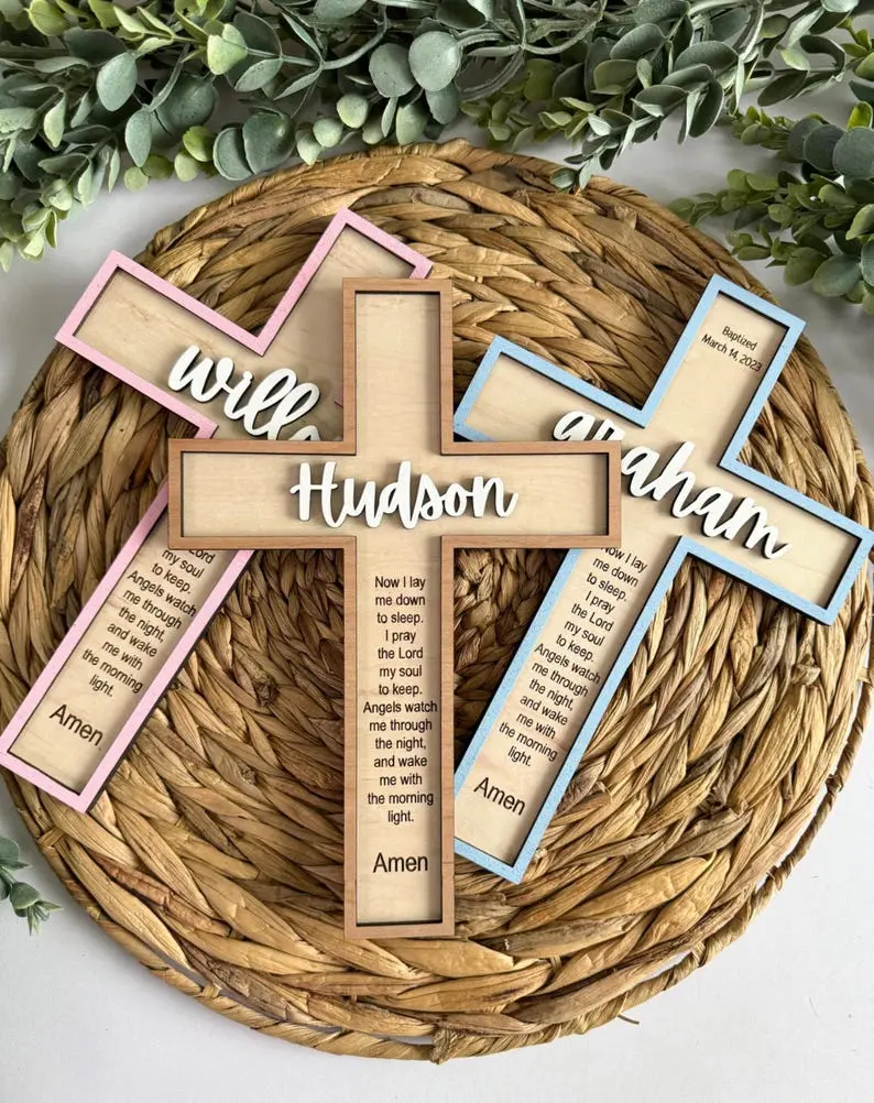 Personalized Wooden Cross, Custom Baptism Cross Gift, Engraved Cross for Baby Boy Girl, Christian Nursery Wall Decor, Christening Keepsake