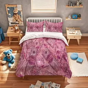 3 pieces pink sparkling diamond money printed bedding set, including 1 duvet cover and 2 pillowcases, all without padding, skin friendly polyester fabric, multiple sizes suitable for single/double bed, bedroom/dormitory/guest room/hotel universal