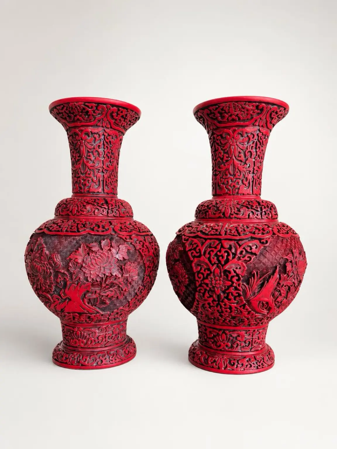 Pair Large Chinese Cinnabar Style Carved Red Black Vases Studio Marked 13” Asian Decor