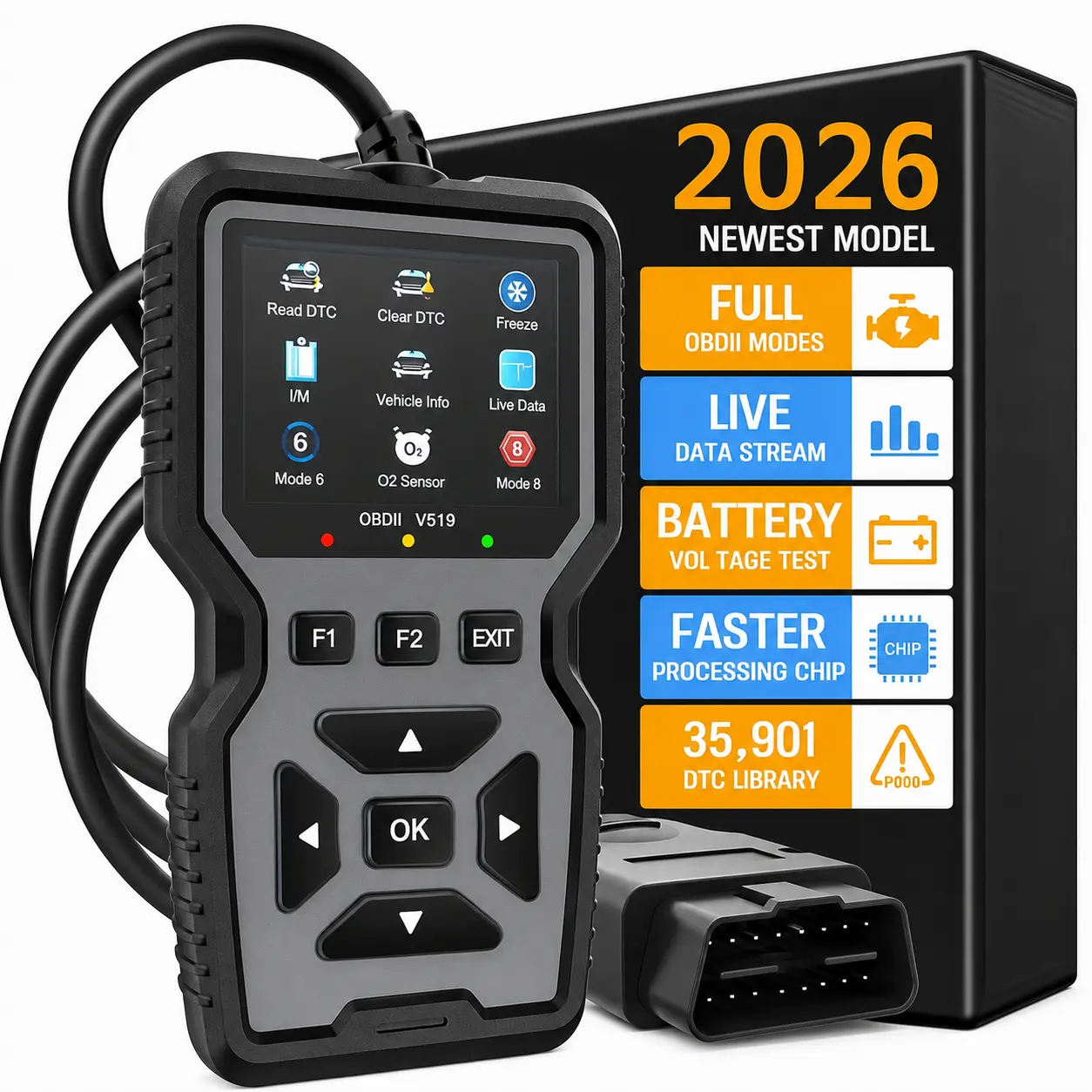 OBD2 Car Diagnostic Scanner, Engine Fault Code Reader & Code Eraser, Mode 6/8 OBDII/EOBD Scan Tool with Battery Tester and I/M Readiness, Vehicle Compatibility OBD2 Protocol
