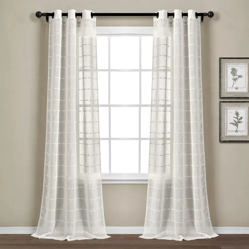 Set of 2 (84"x38") Farmhouse Texture Grommet Sheer Window Curtain Panels White - Lush Décor: Modern Stripe Design Polyester