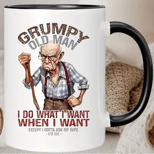Men's Funny Grumpy for Man Novelty Coffee Mug Insulated Ceramic Cup with "Grumpy for Man" Saying Wife Joke Reusable Gift for Husband Dad Grandpa Hand Wash Only White Black Design Drinkware Temper 27