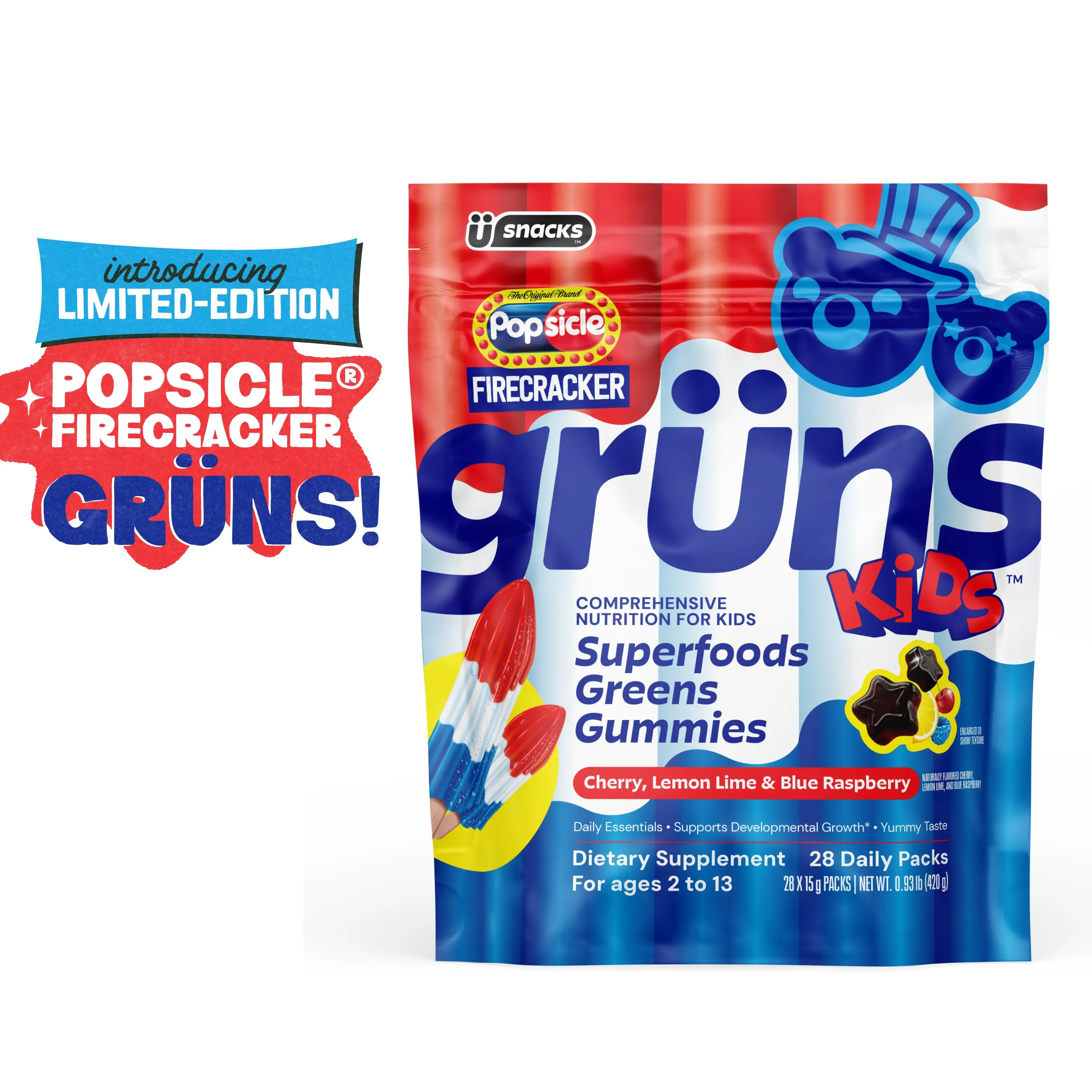 Popsicle Firecracker x Grüns Kids Superfood Greens Gummies (Limited Edition): Comprehensive kids nutrition with 60+ ingredients, 20+ Vitamins and Minerals, Prebiotics, Adaptogens, Cherry Lemon Lime Blue Raspberry, Gluten Free, Vegan, Third Party Tested