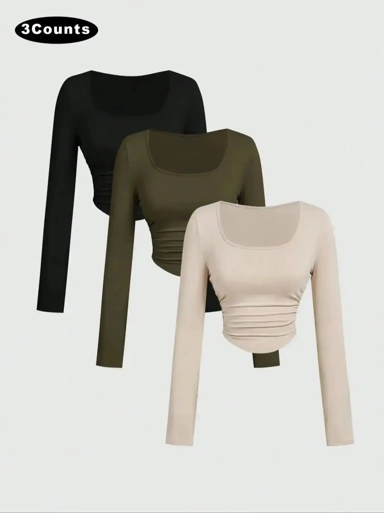 Women's 3-Piece Pleated Casual Basic Square Neck Long Sleeve T-Shirt Set Warm Clothing Spring and Fall Fashion Holiday Top Outfit Lady musthave piece essential basic, Modern, Soft, Lightweight