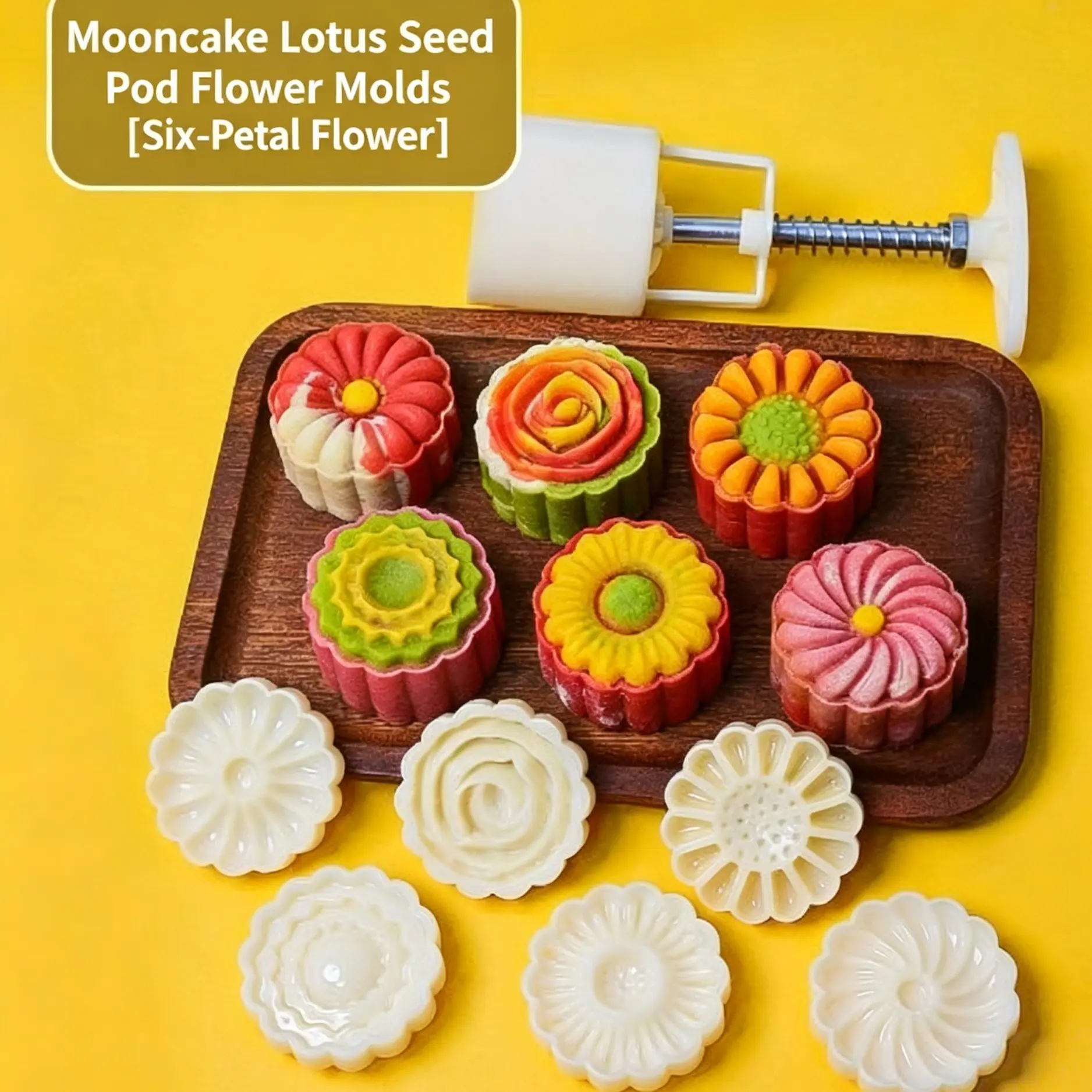 7-piece chrysanthemum rose moon cake mold, hand-pressed, non-stick, mung bean ice cream, cartoon model, baking cake mold, kitchen tools.