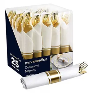 Pre Rolled Napkin and Disposable Cutlery Set, 25 Pack, Gold