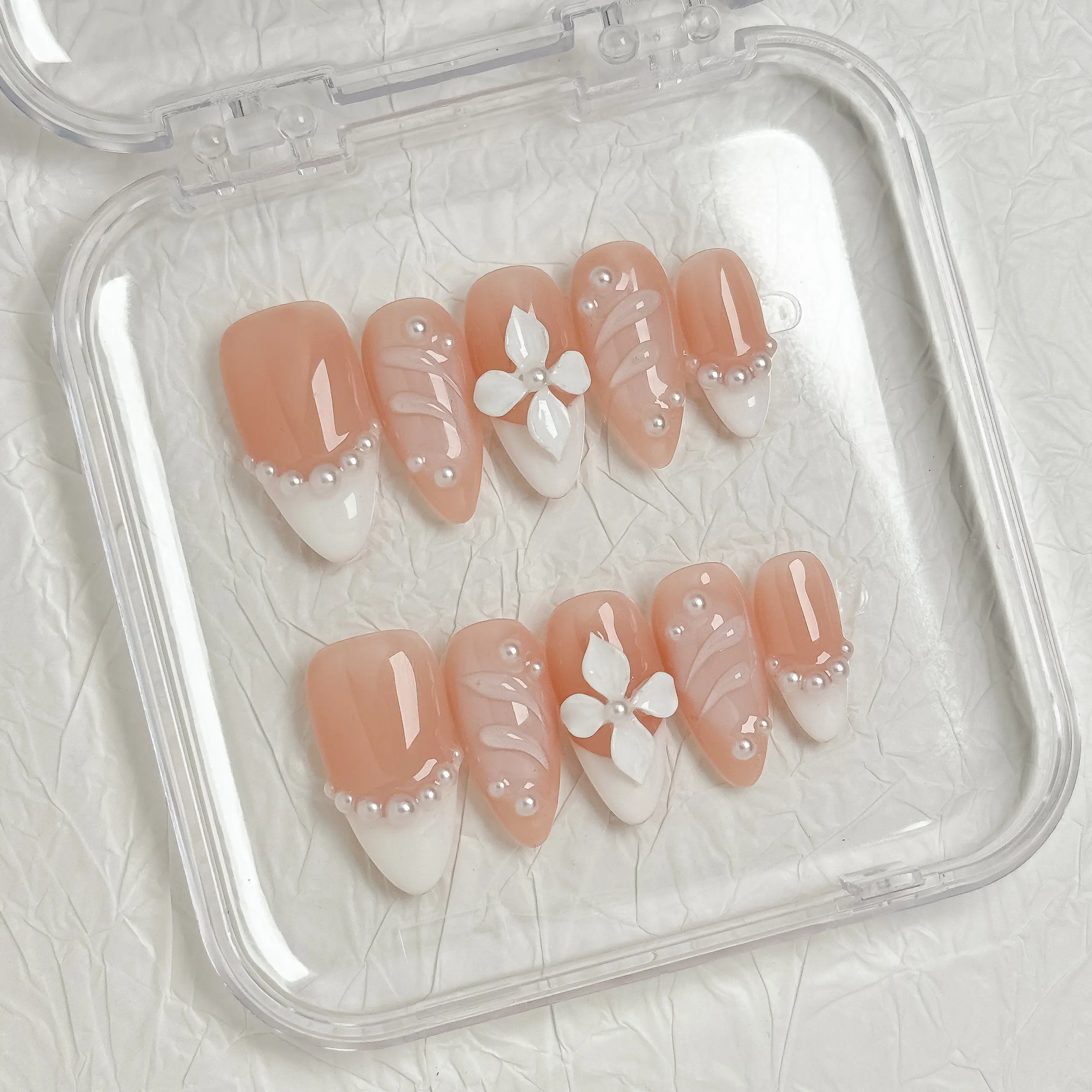 NailPopz PEARL BLOSSOM - 100% Handmade 3D Press-On Nails | Durable, Reusable, and Salon-Grade Finish