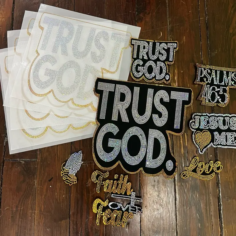 TRUST GOD Bling Transfer - Iron On Heat Press with Various Graphics & Decorative Elements, Recommended for T-Shirt Design
