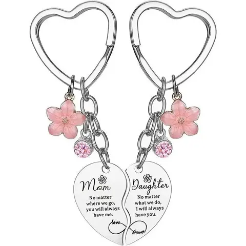 Mom-Daughter Sparkling Keychain Set - 2 Pcs Durable Stainless Steel Rhinestone Keyrings with Pink Cherry Charm, Engraved Message Keychain for Purse, Casual Cute Christmas Gift from Daughter for Birthday/Mother's Day