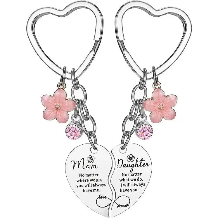 Mom-Daughter Sparkling Keychain Set - 2 Pcs Durable Stainless Steel Rhinestone Keyrings with Pink Cherry Charm, Engraved Message Keychain for Purse, Casual Cute Christmas Gift from Daughter for Birthday/Mother's Day