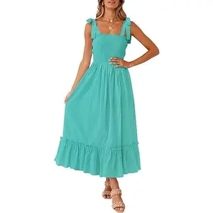 ZESICA Women's 2026 Summer Boho Spaghetti Strap Square Neck Solid Color Ruffle A Line Beach Long Maxi Dress