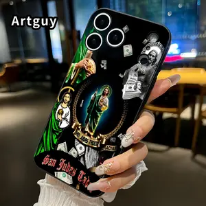 Saint Judas Wealth Pattern Straight Edge Phone Case for iPhone 17 15 16 14 Pro Max 13 12 11 XR XS Plus Air E Shockproof Drop Protection Rugged Durable Liquid Silicone Cover Cellphone Protective