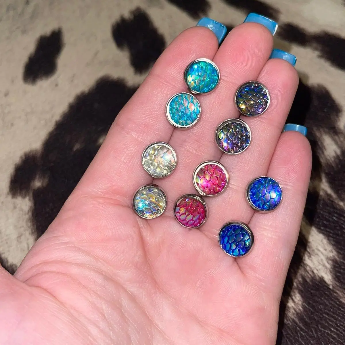 Mermaid scale 10mm iridescent stud earrings/stainless steel and hypoallergenic