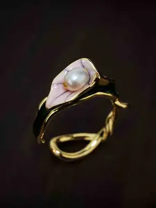 Vintage Enamel Flower Oil-Drop Faux Pearl Adjustable Open Ring, Elegant Women's Party Versatile Jewelry, Stylish Design Accessory, Enamel Wearable Ring