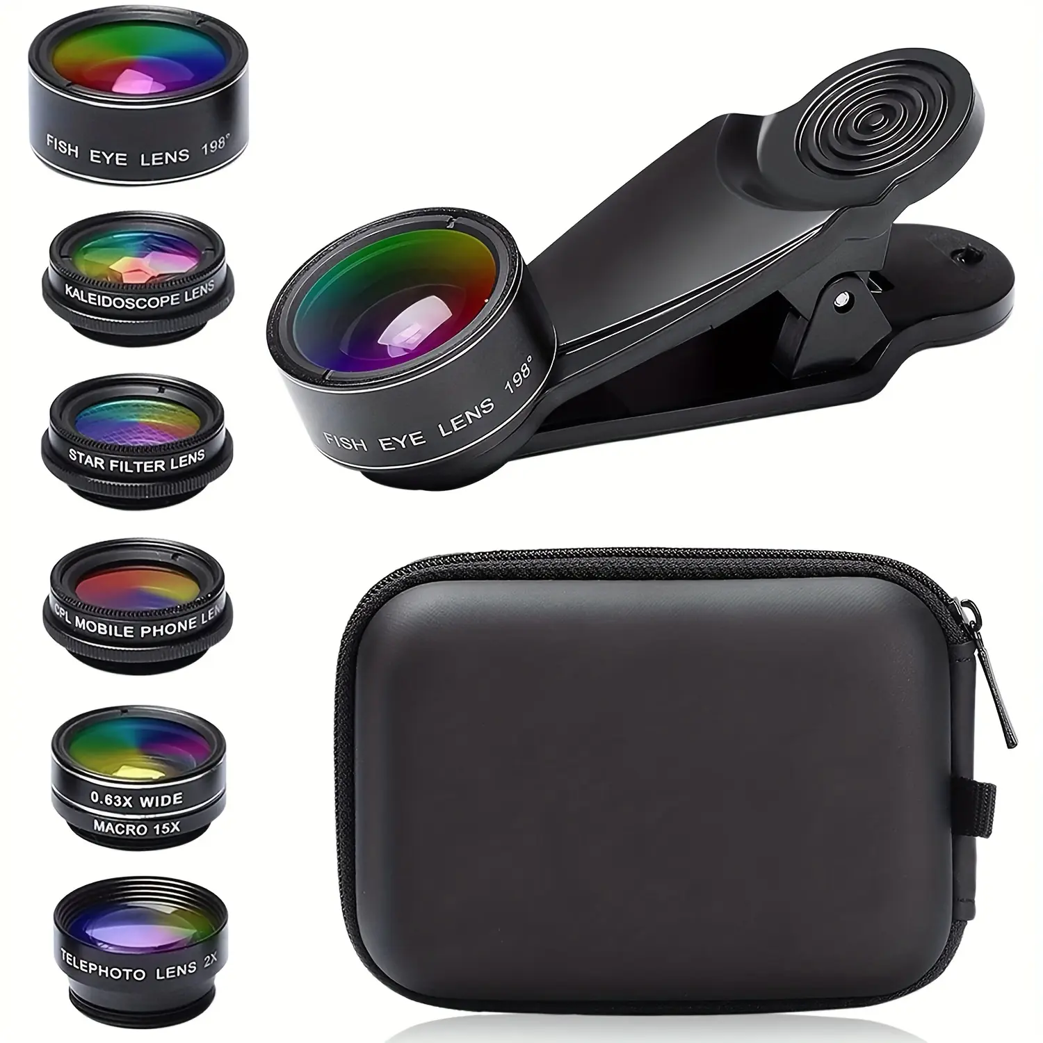 Phone Camera Lens Kit 7in1 with Case Fisheye Macro Wide Telephoto CPL Kaleidoscope Starburst Clip-On 15x Macro 0.63x Wide Lens for Mobile Photography