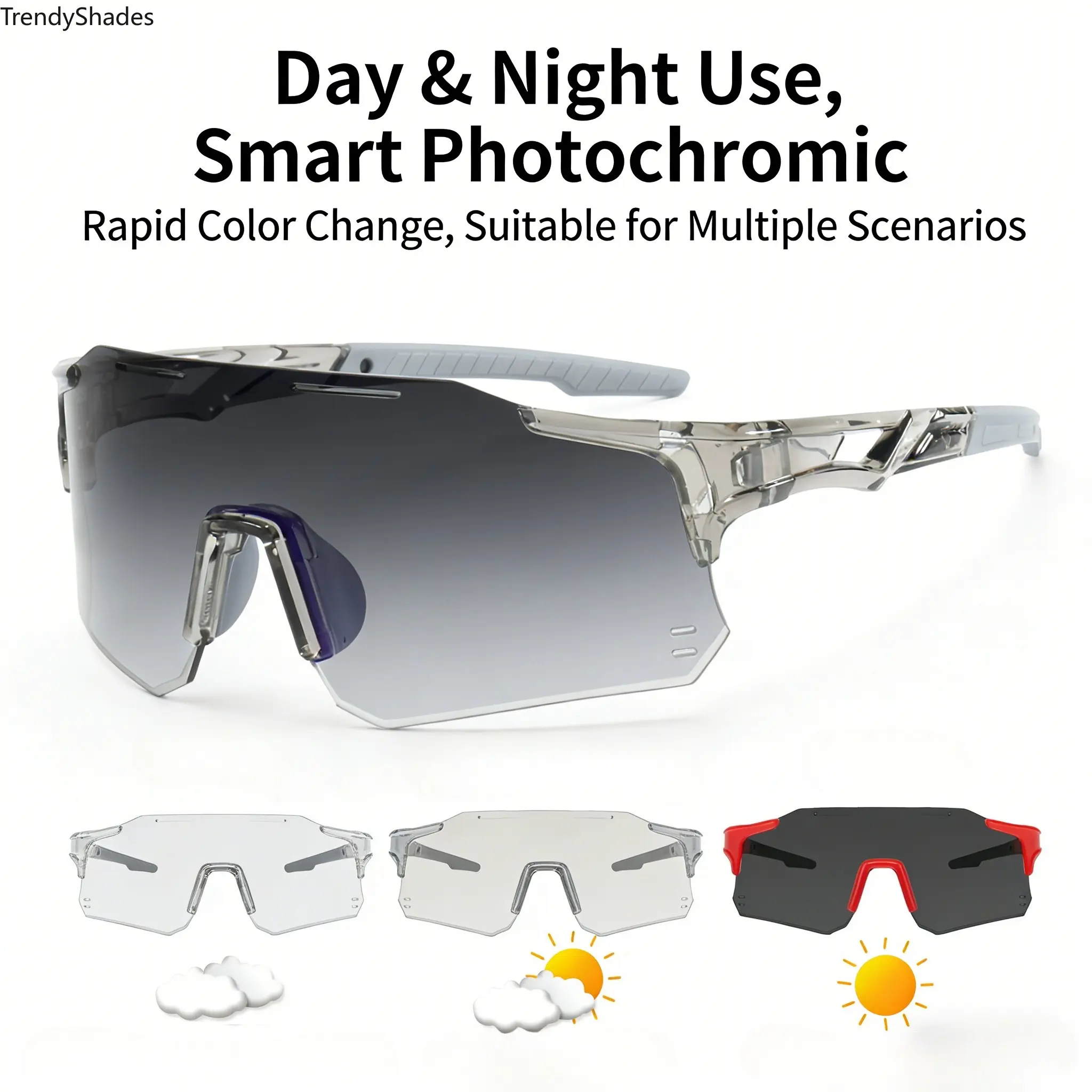 Trendy Photochromic Biking Sunglasses with Rapid Color-Change Technology, All-Day All-Weather Protection for Outdoor Sports, Cycling, Daily Use