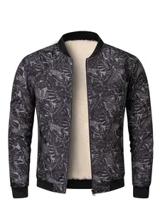Men's Lightweight Leaf-Print Bomber Jacket with Cozy Fleece Lining Casual Streetwear Style Black Leaf Pattern Medium Size
