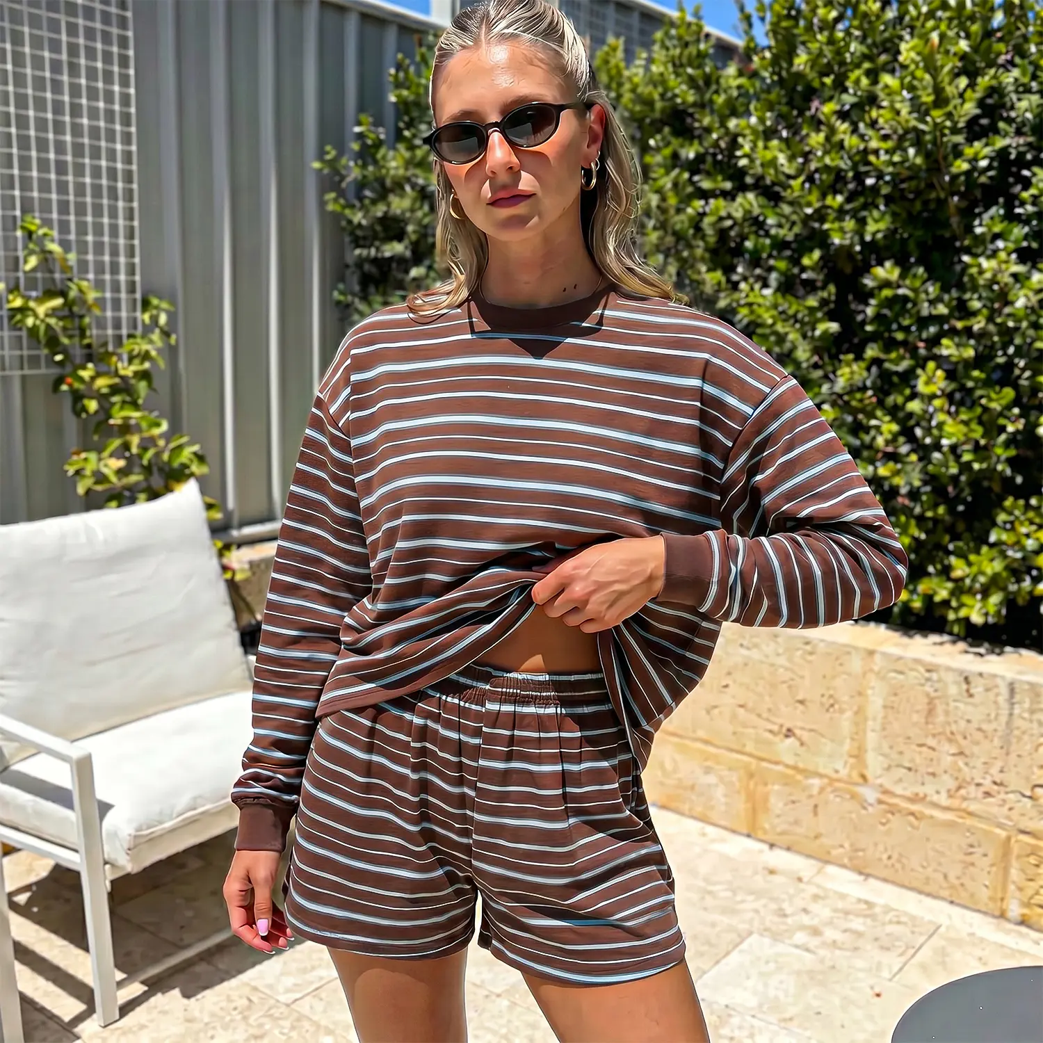 Chicovar Women's Striped Lounge Set, Oversized Long Sleeve Crewneck Top and Shorts Matching Set, Casual Relaxed Fit Two Piece Outfit, Comfy Everyday Loungewear