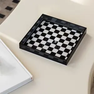 Fashionable Plaid Desktop Storage Tray, Lipstick Skincare Makeup Perfume Organizer, Modern Style Desk Accessory