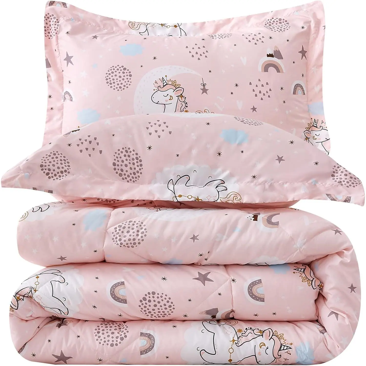 Pink Unicorn Comforter Twin Size, 2 Rainbow Microfiber Comforter with Pillow Sham, Lightweight Washable